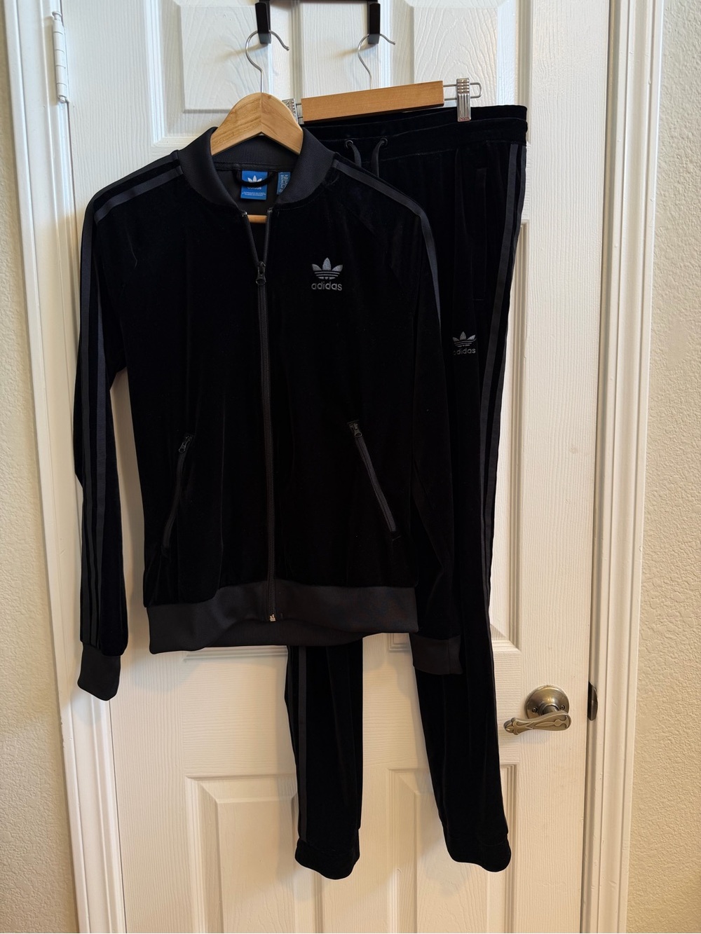 Adidas Black Velour Tracksuit             Jacket size L Pants size M